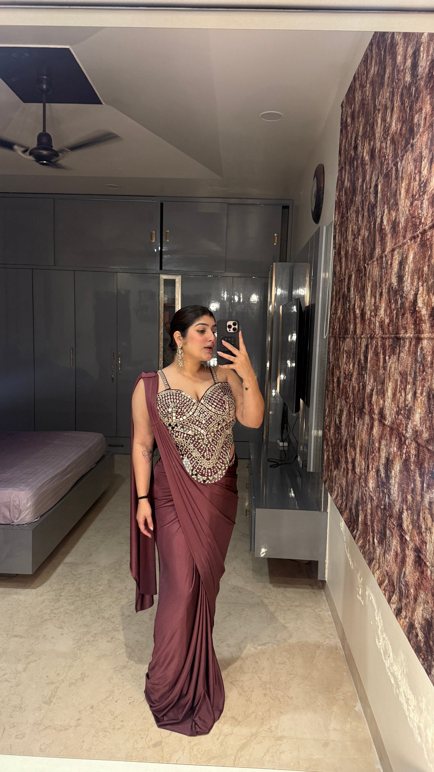 Mirror work saree(wine)