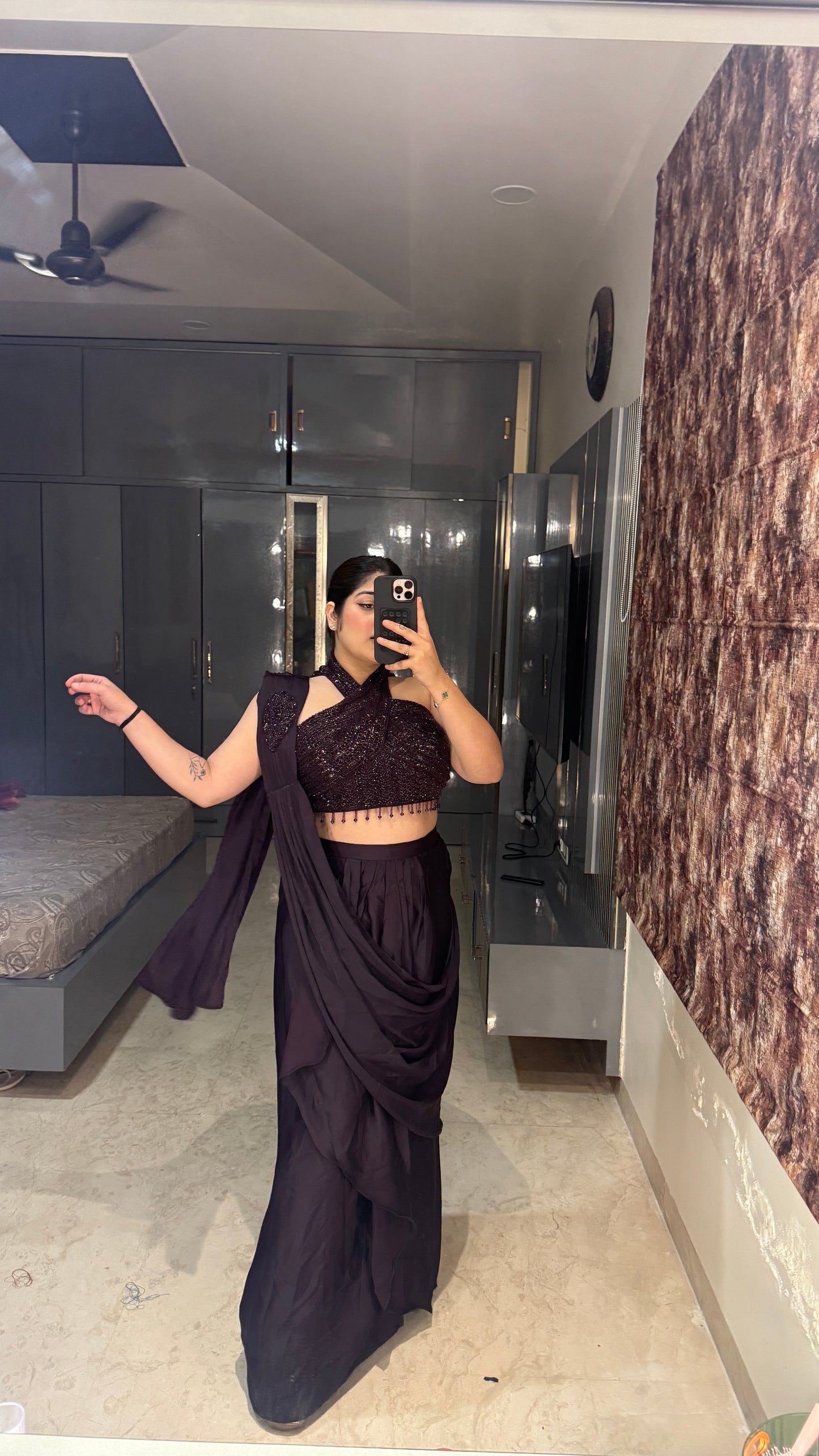 Halter neck saree(dark purple)