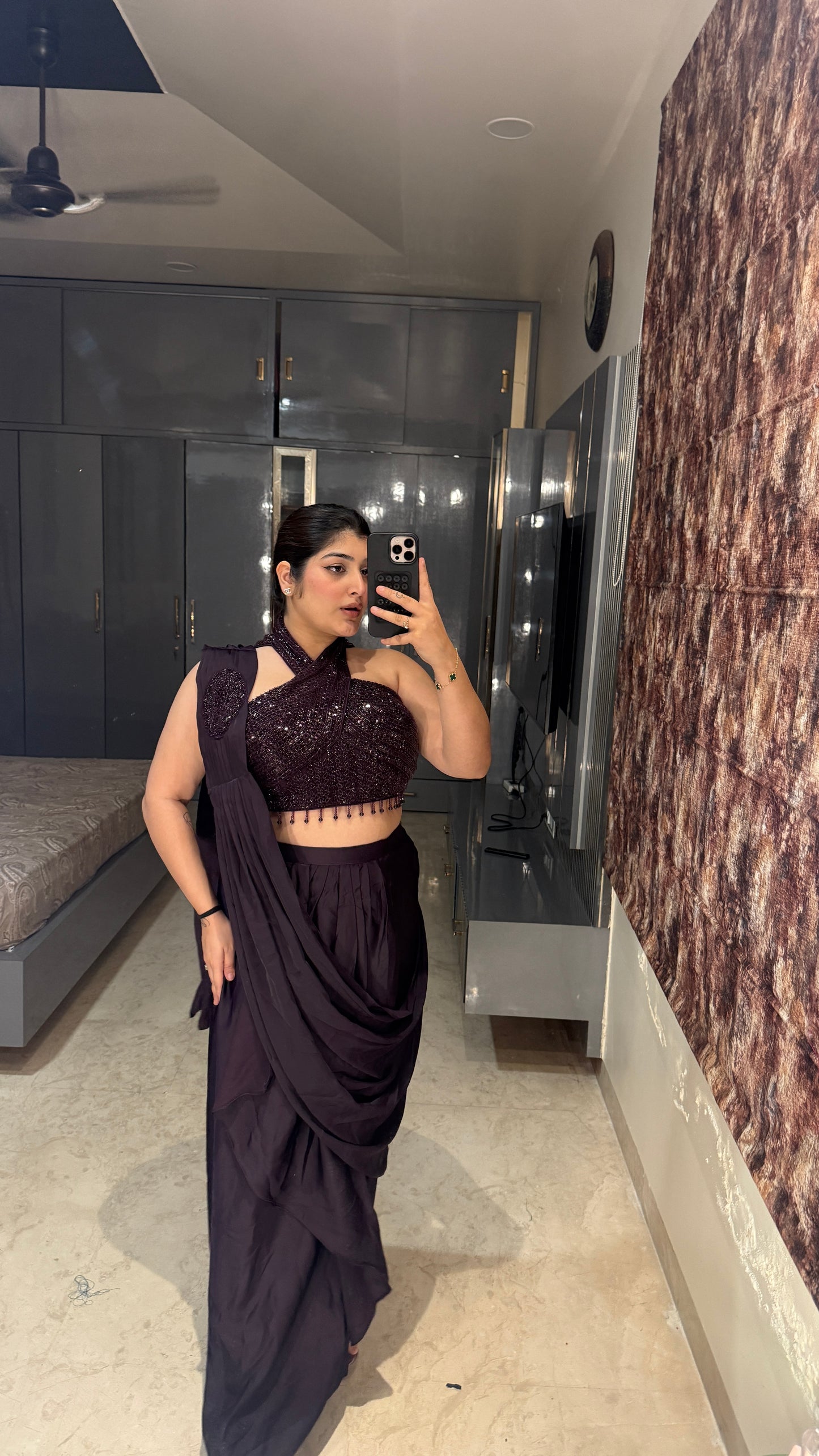 Halter neck saree(dark purple)