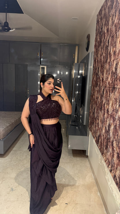 Halter neck saree(dark purple)
