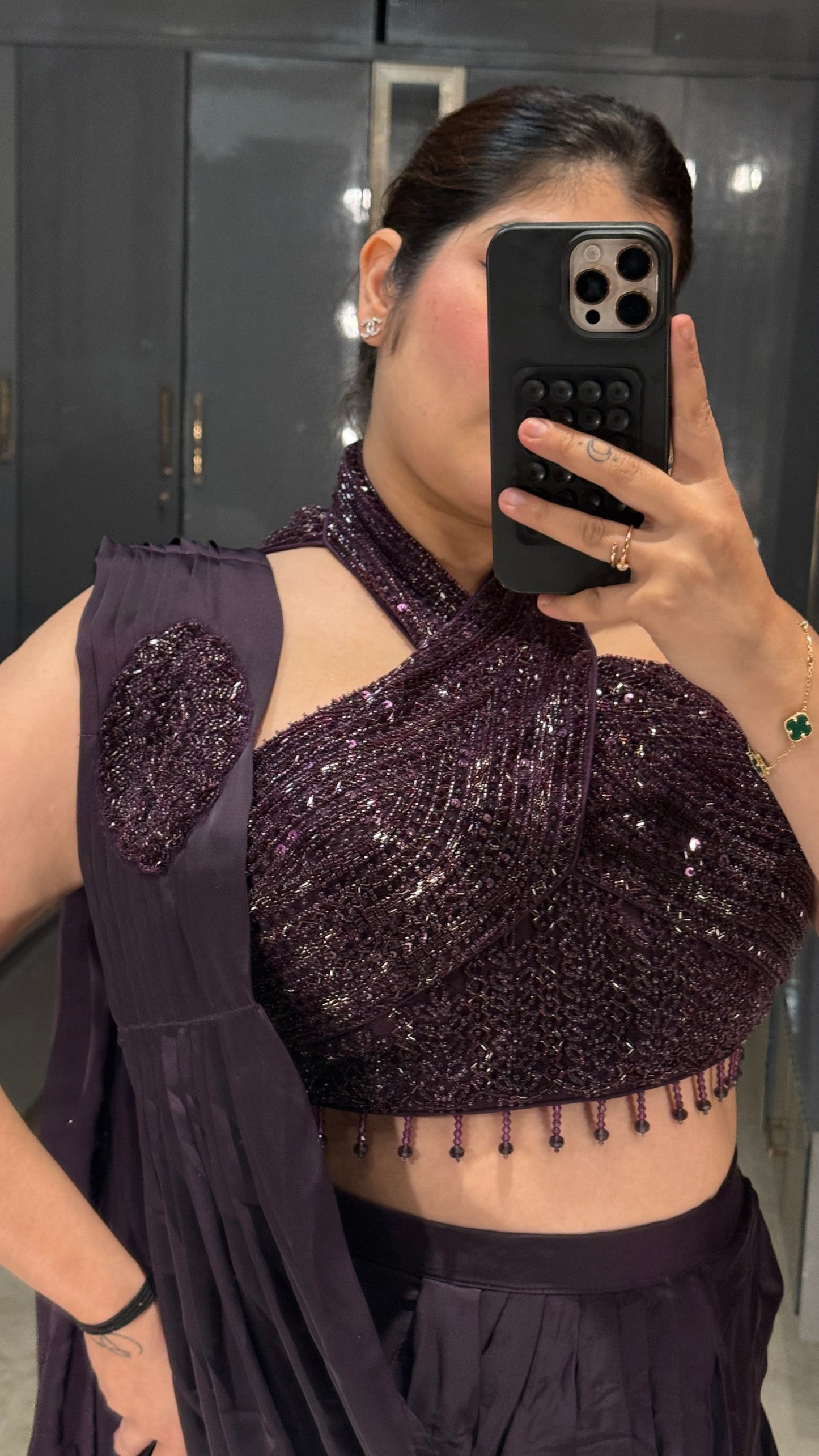 Halter neck saree(dark purple)