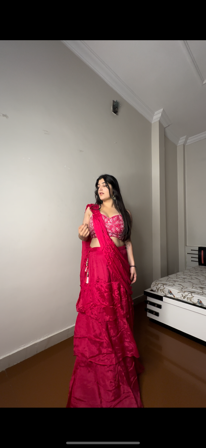 Pure chinon hot pink saree