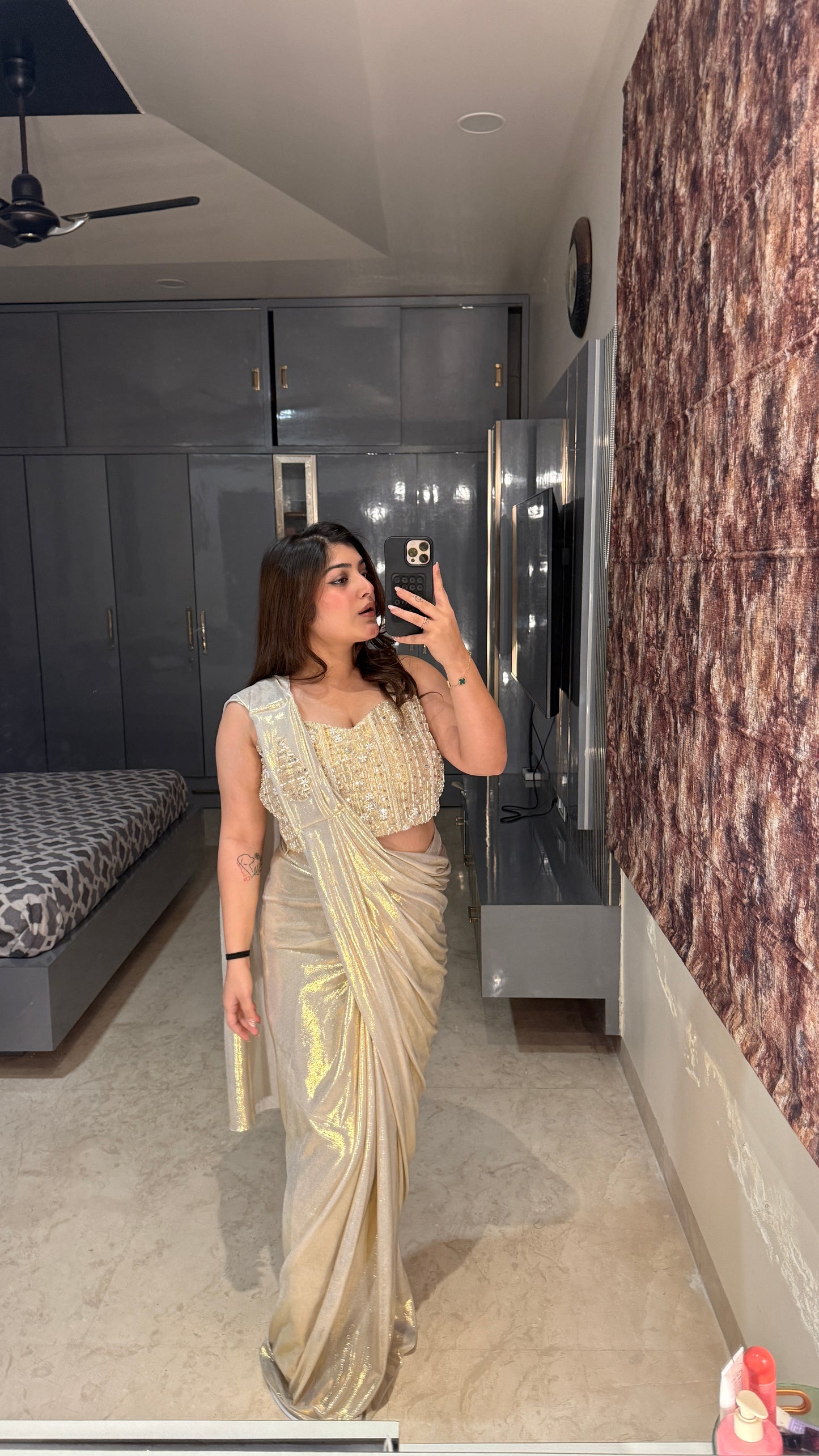 Whitish golden Metallic Saree
