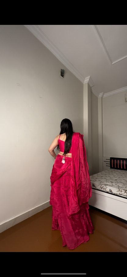 Pure chinon hot pink saree