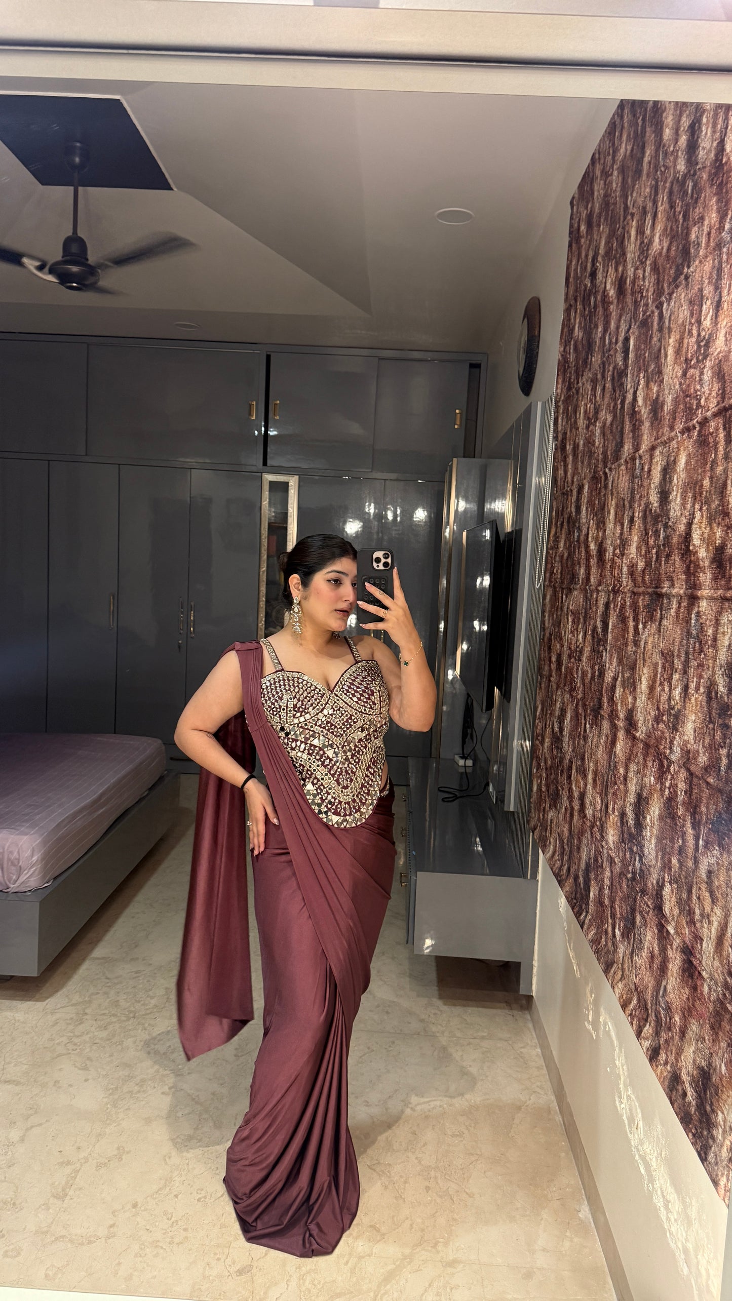 Mirror work saree(wine)
