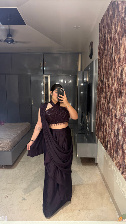Halter neck saree(dark purple)