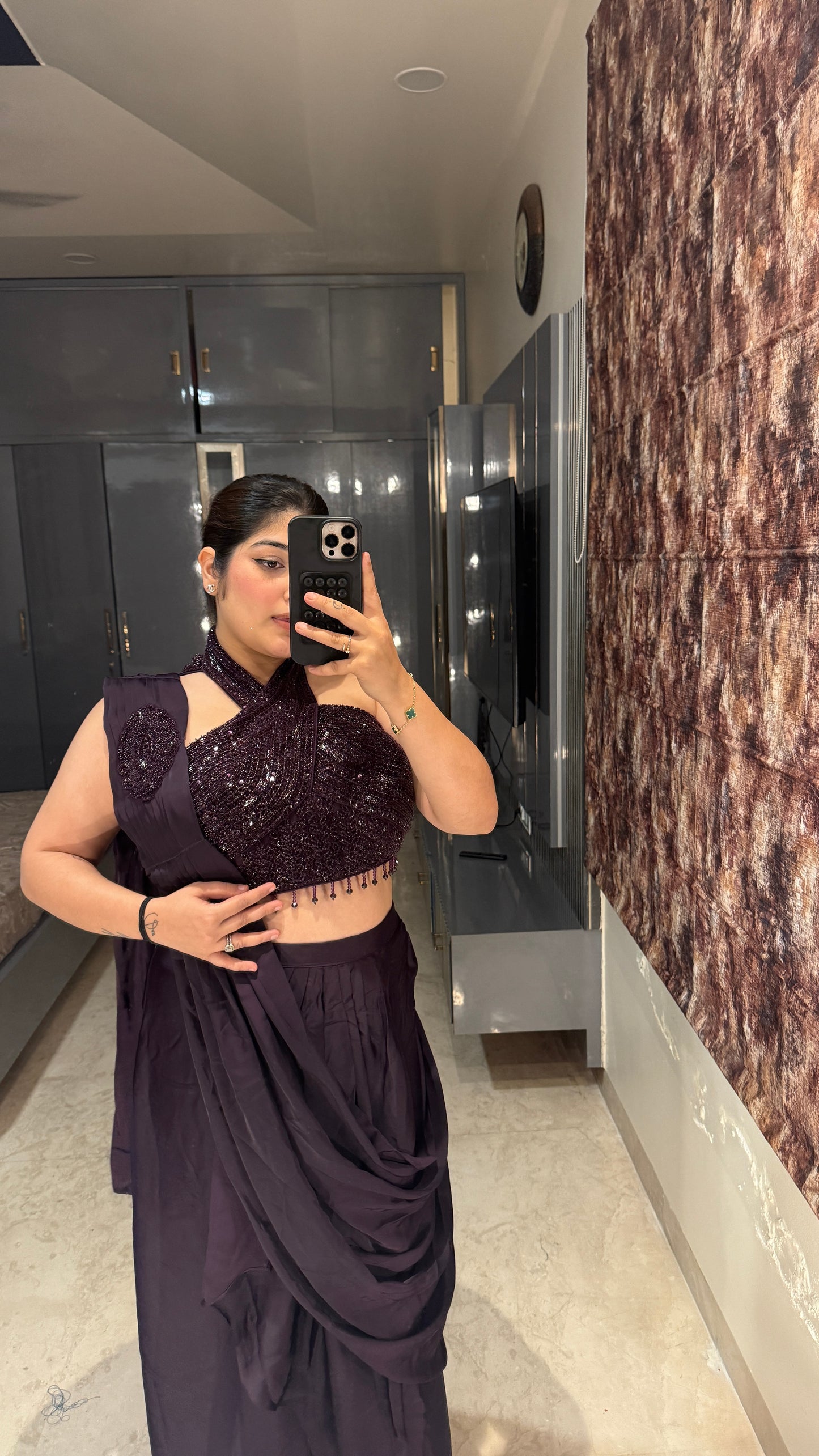 Halter neck saree(dark purple)