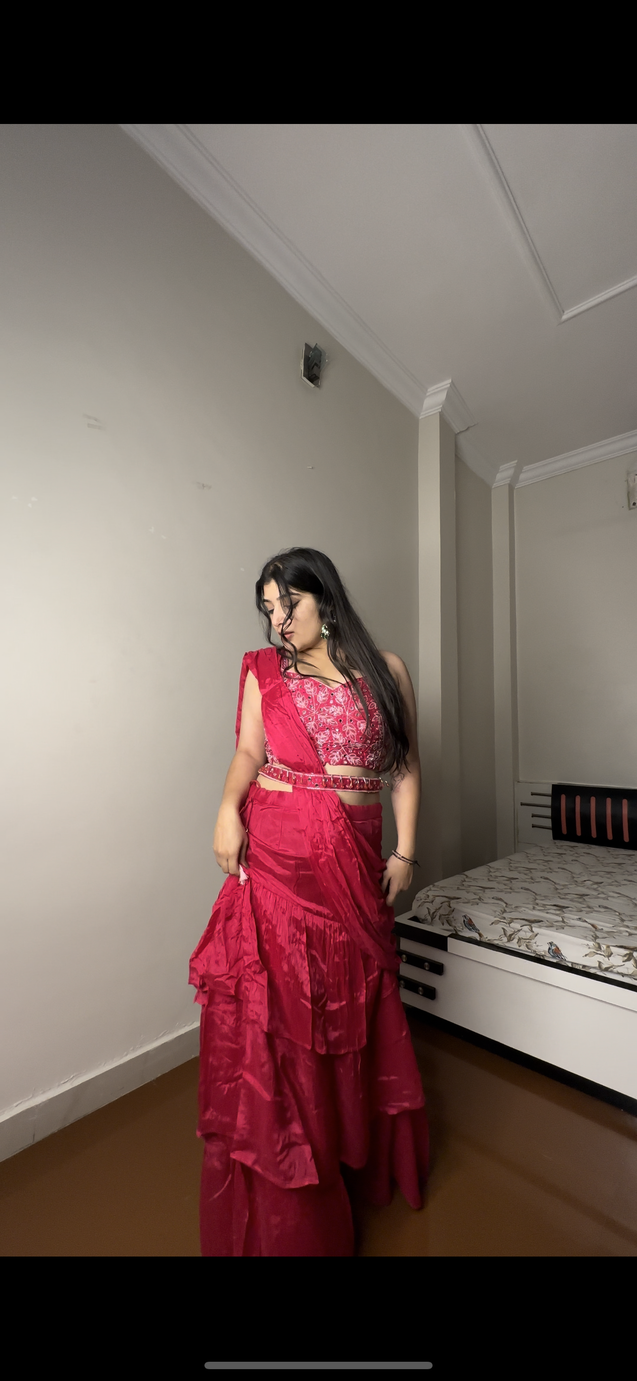 Pure chinon hot pink saree