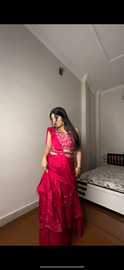 Pure chinon hot pink saree