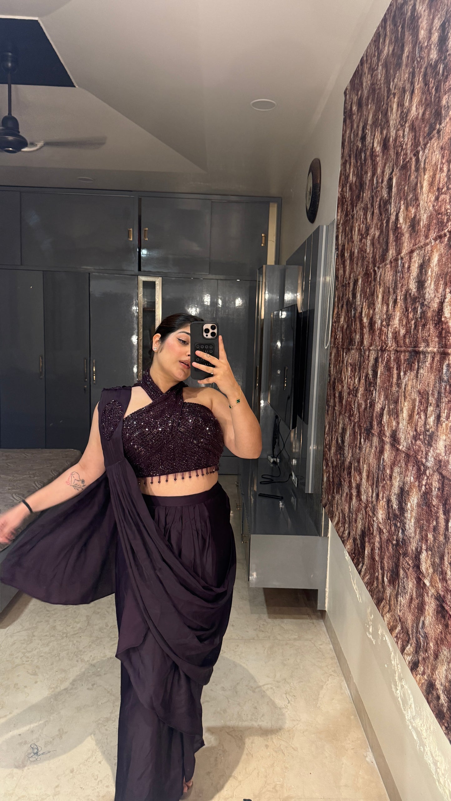 Halter neck saree(dark purple)