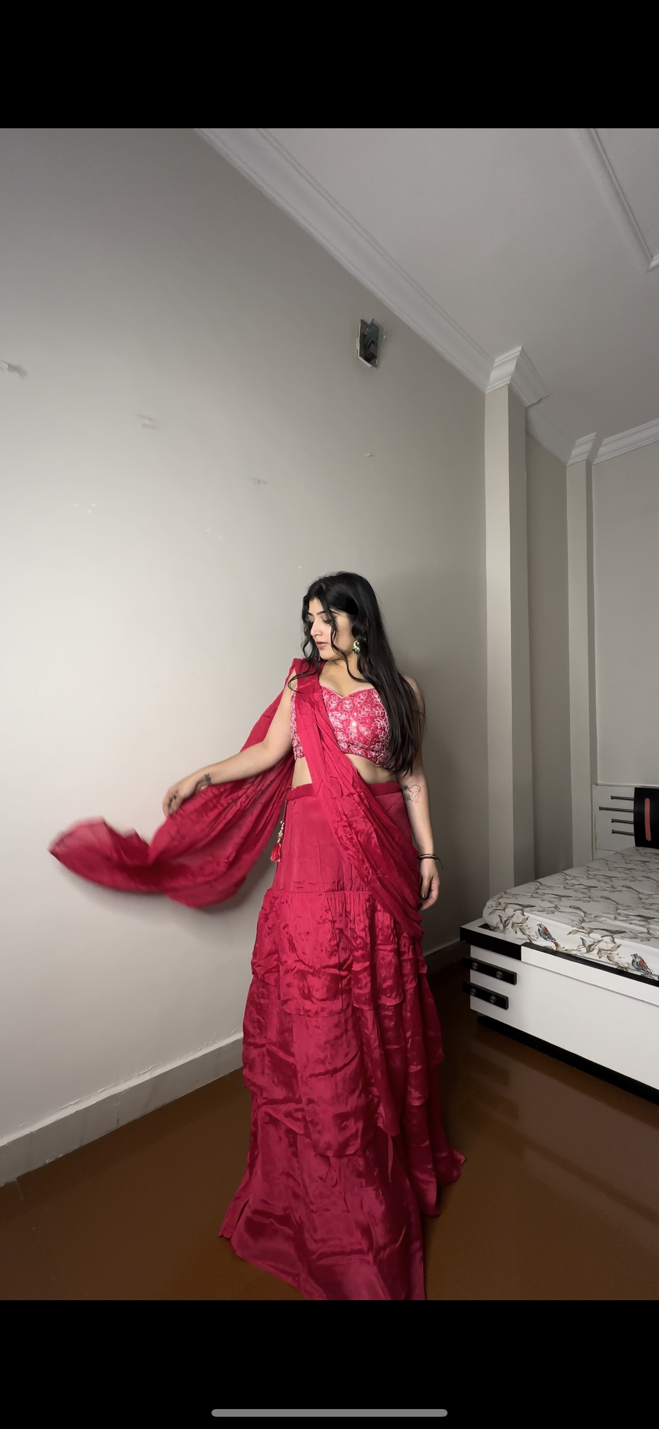 Pure chinon hot pink saree