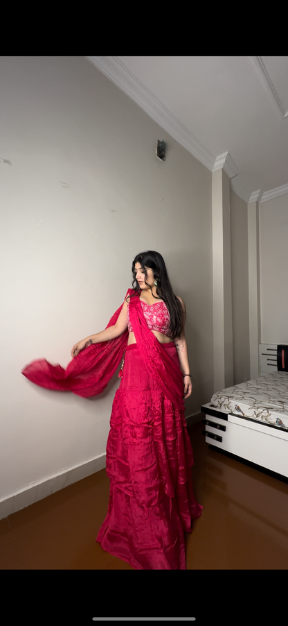 Pure chinon hot pink saree