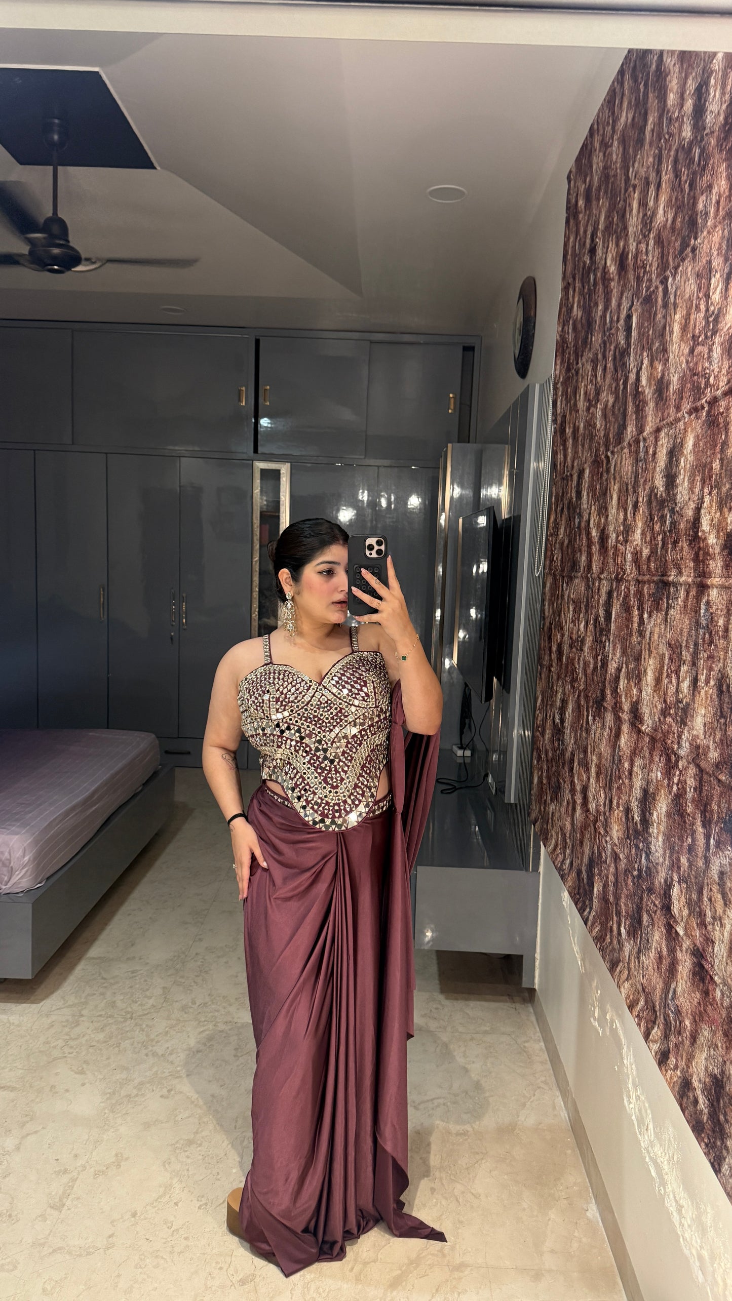 Mirror work saree(wine)