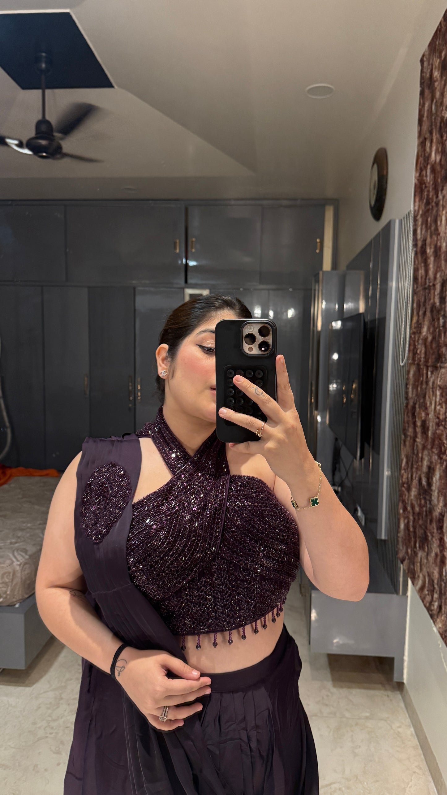 Halter neck saree(dark purple)