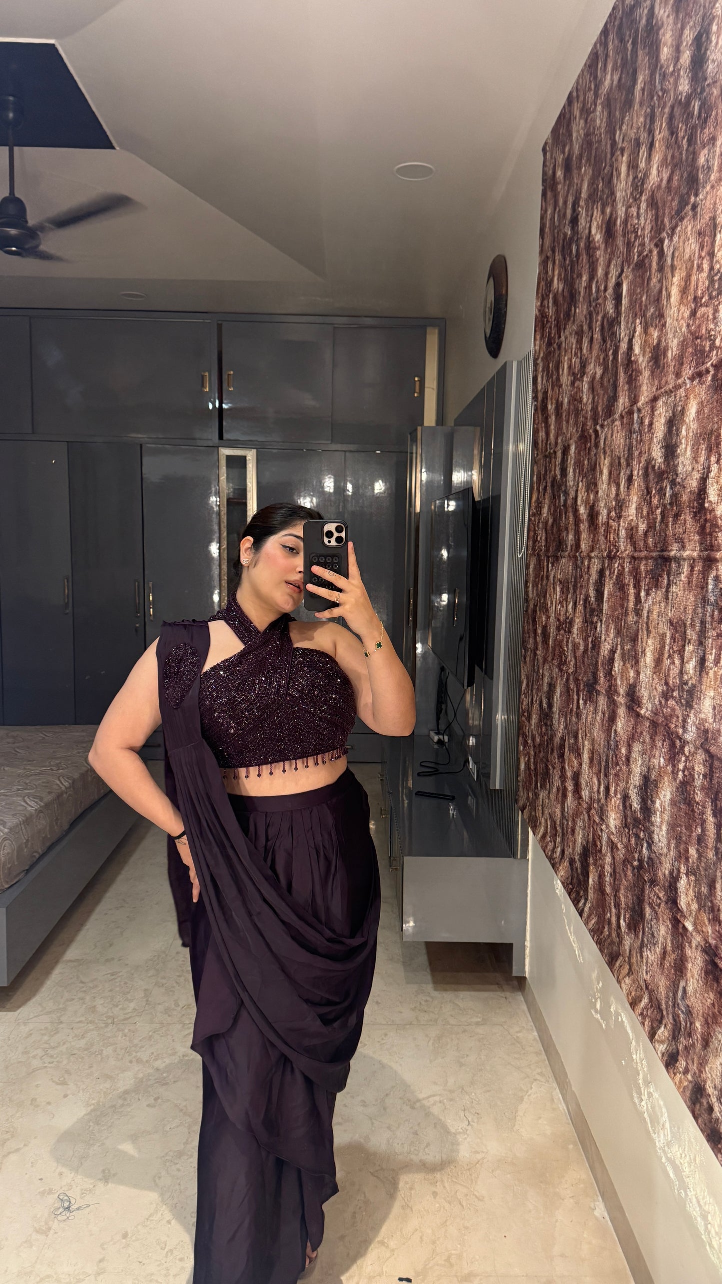 Halter neck saree(dark purple)