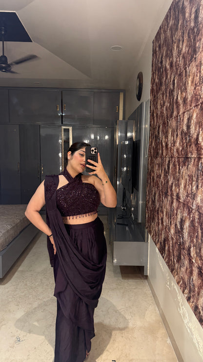 Halter neck saree(dark purple)
