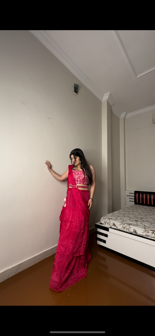 Pure chinon hot pink saree