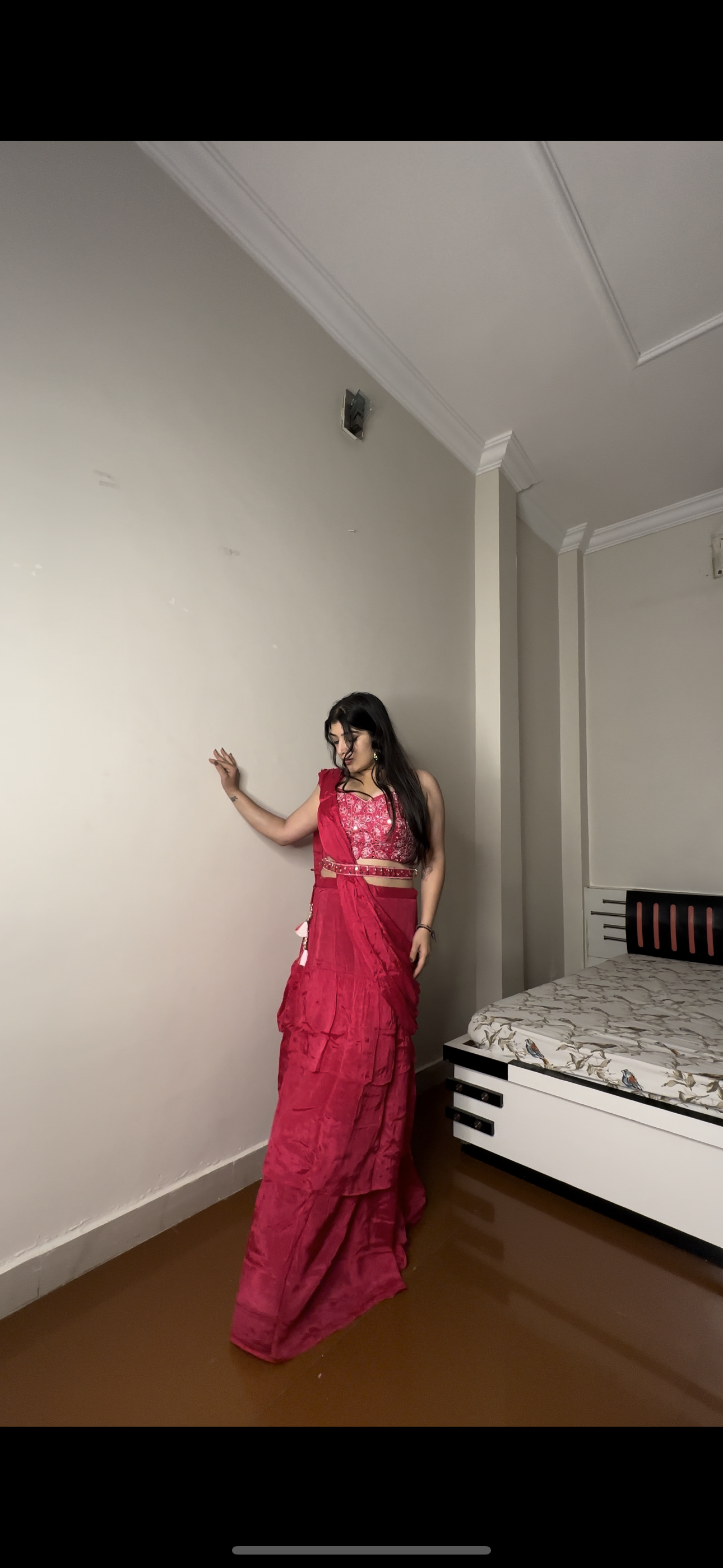 Pure chinon hot pink saree