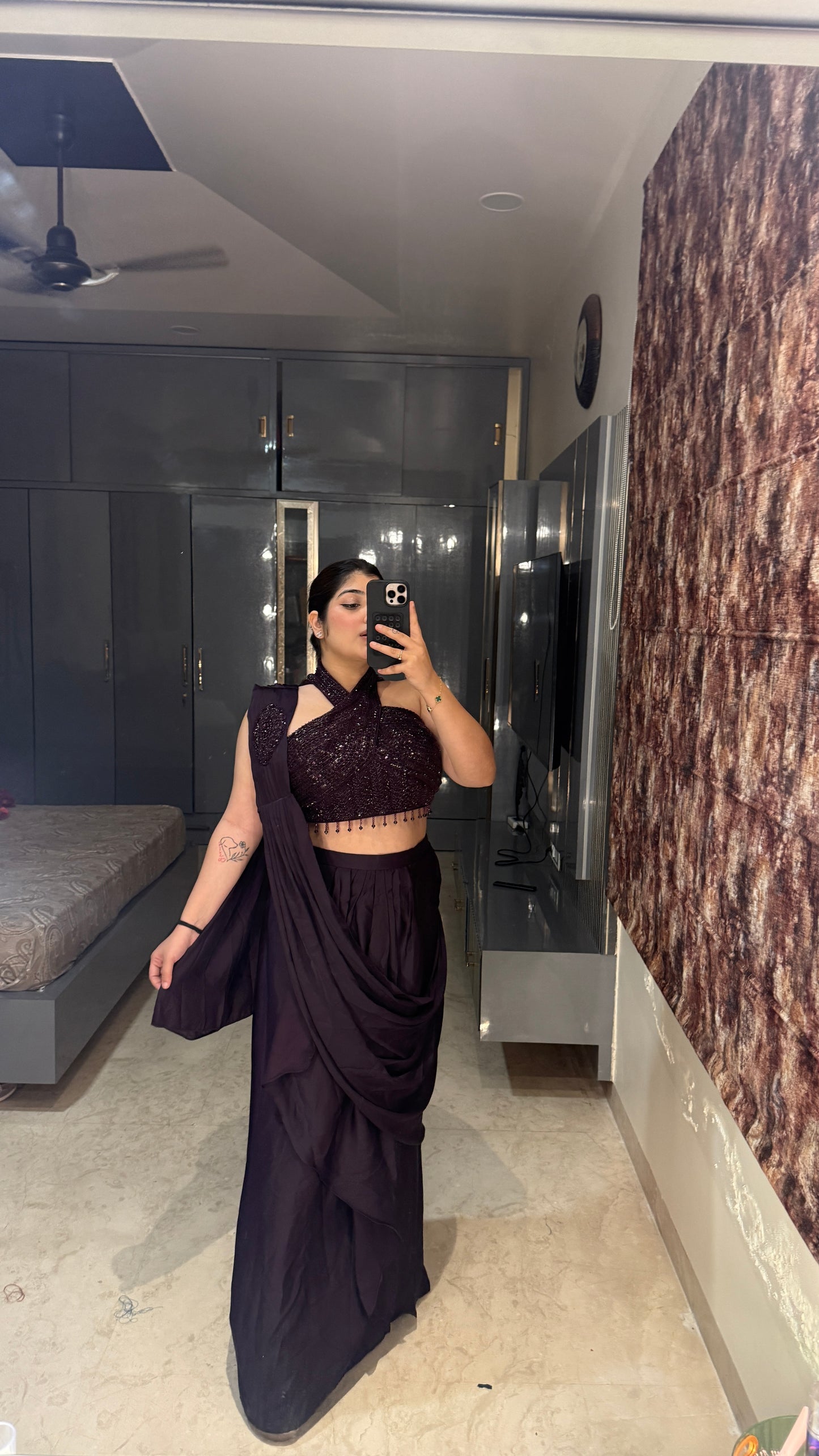Halter neck saree(dark purple)