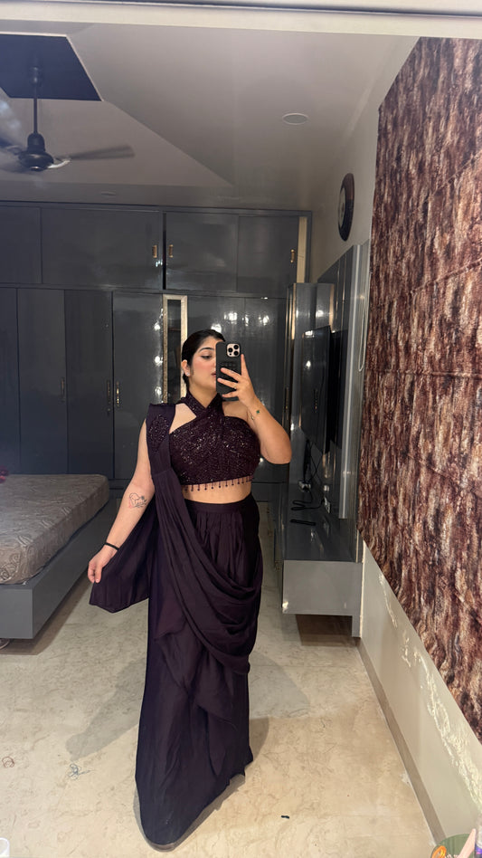 Halter neck saree(dark purple)