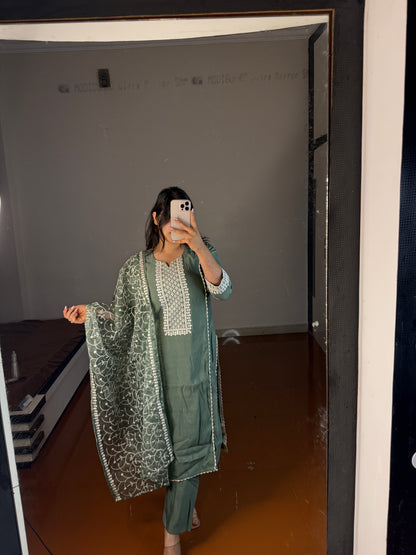 Green suit with thread work dupatta