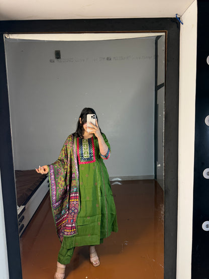 Green suit with printed dupatta