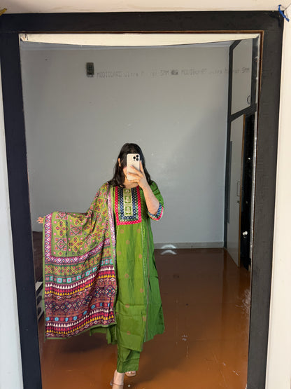 Green suit with printed dupatta