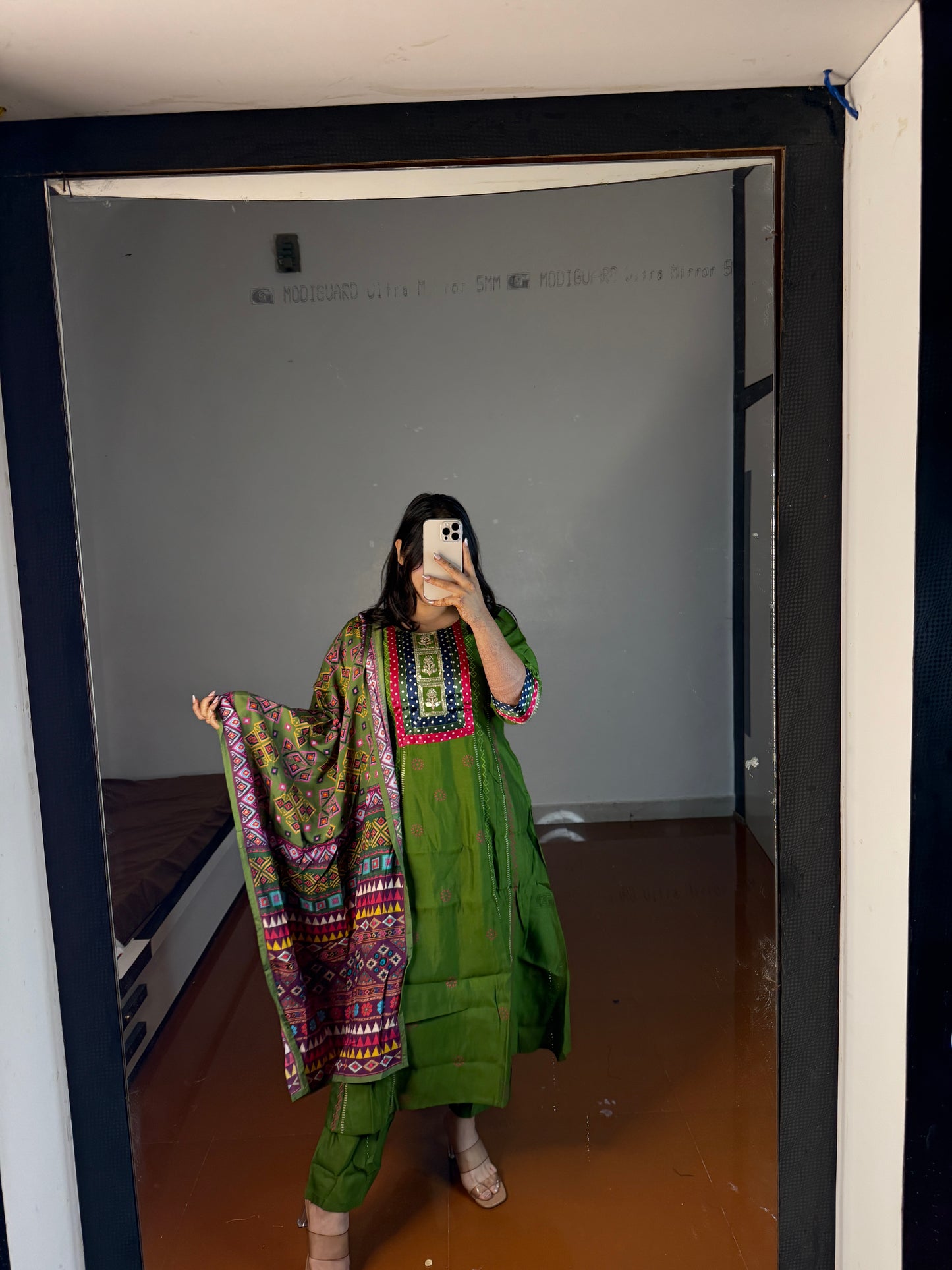 Green suit with printed dupatta