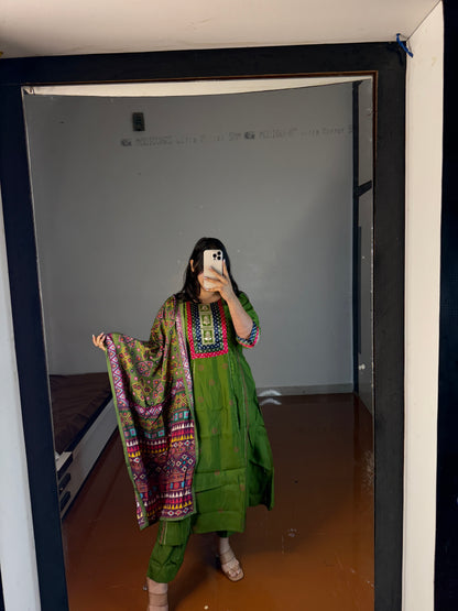 Green suit with printed dupatta