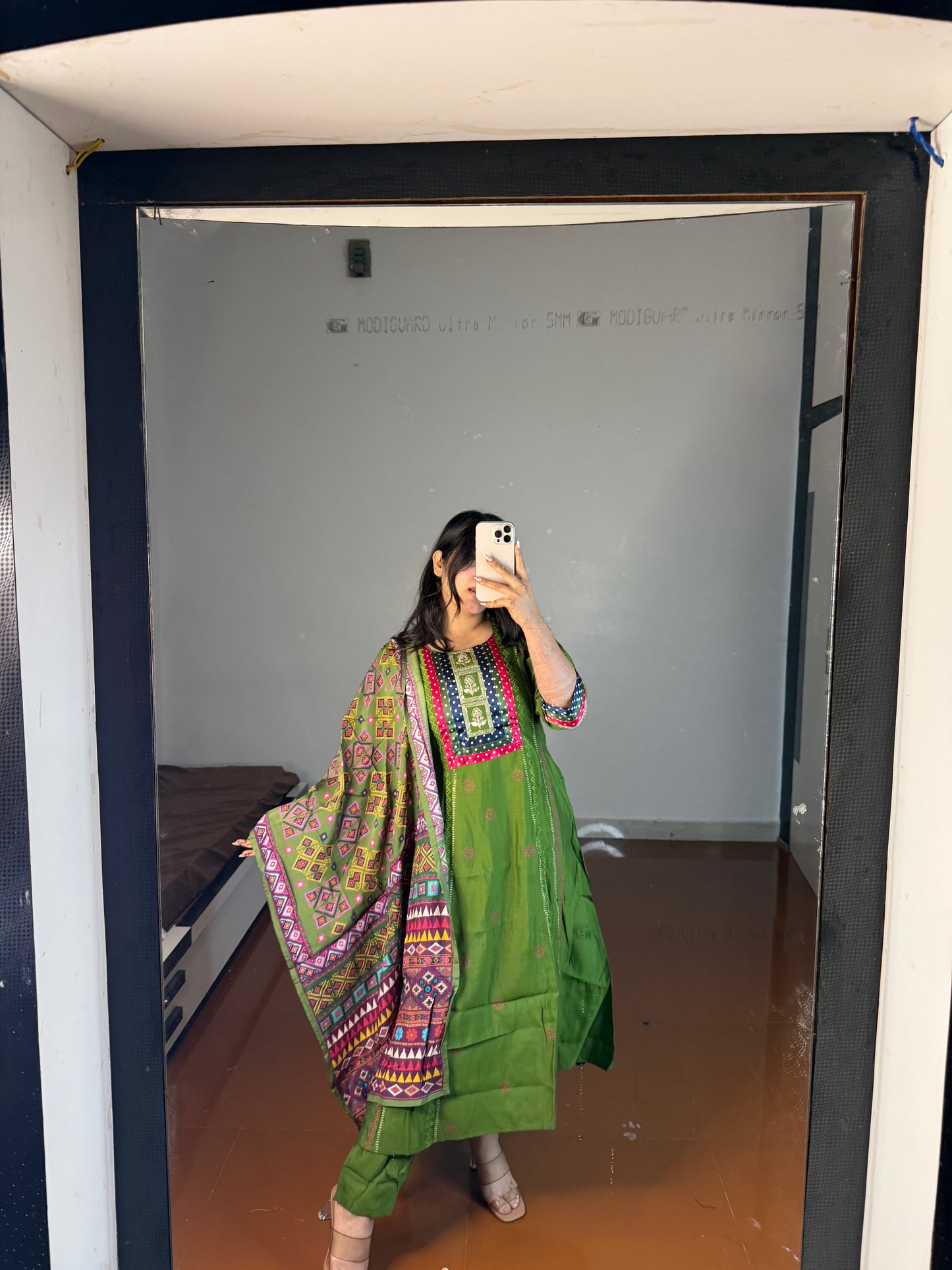 Green suit with printed dupatta