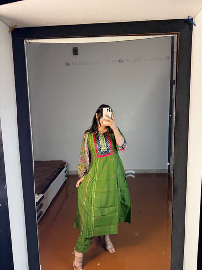 Green suit with printed dupatta