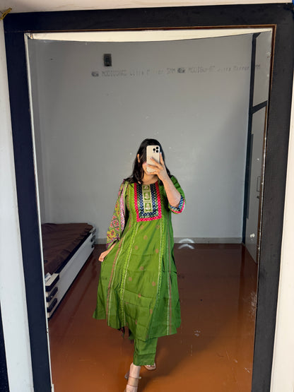 Green suit with printed dupatta