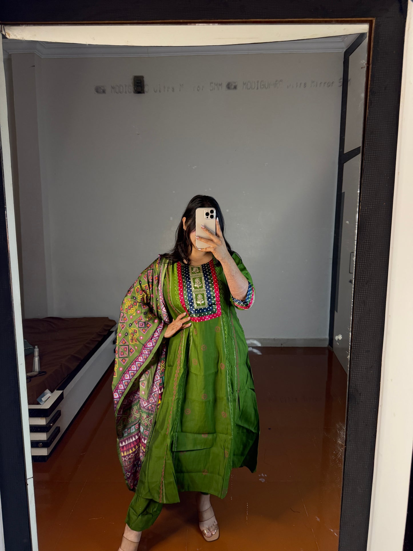Green suit with printed dupatta