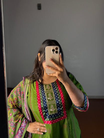 Green suit with printed dupatta