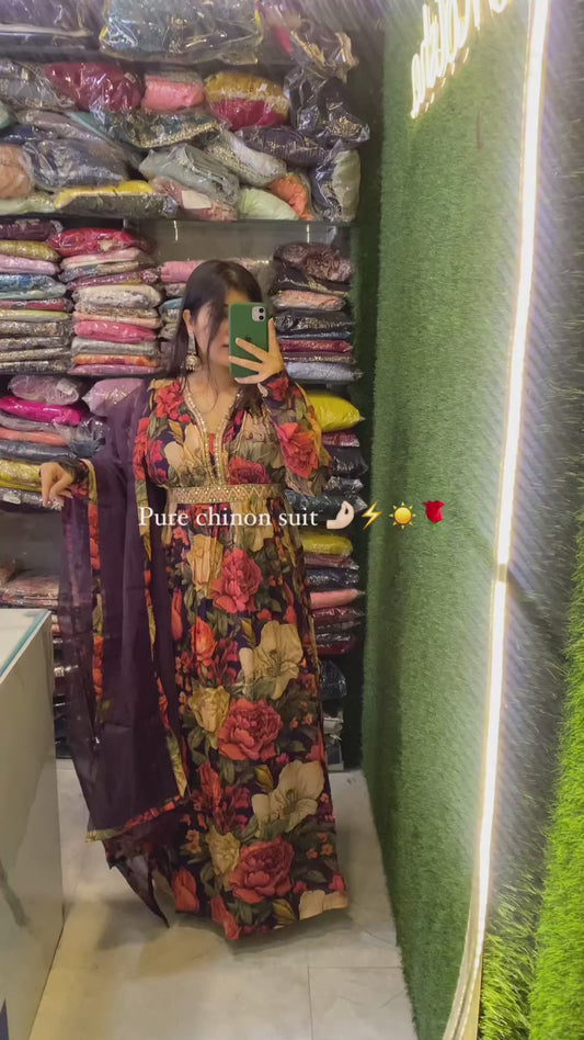 Dark blue floral pure chinon suit